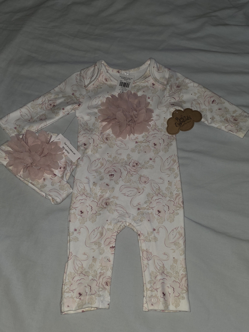Baby Essentials Cream Floral Footie with Blush Pink Flower and Matching Headband
